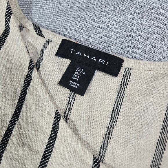 Tahari Wom LG Asymmetrical Striped Linen Blend Short Sleeve Dress Tan Black EUC - Picture 7 of 11